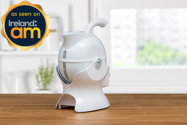 All white Uccello Kettle with as seen on Ireland AM badge