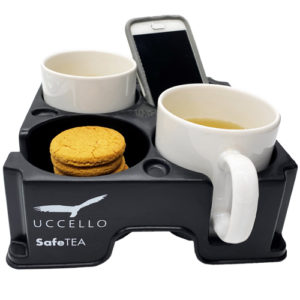 Muggi Cup Holder with 2 cups of tea, biscuits and a mobile phone