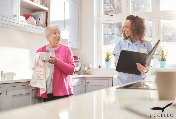 Nurse assessing elderly woman for care needs at home in the kitchen