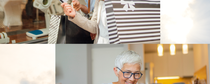 Elderly couple shopping in-store and elderly woman shopping online