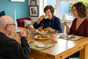 Elderly Parents Enjoying tea and cake with their adult daughter
