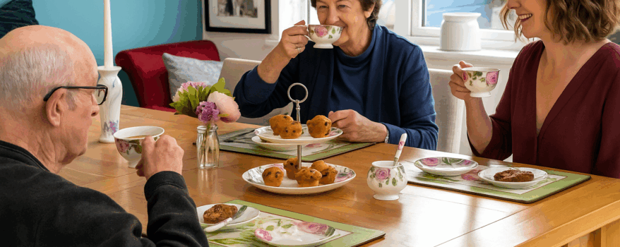 Elderly Parents Enjoying tea and cake with their adult daughter