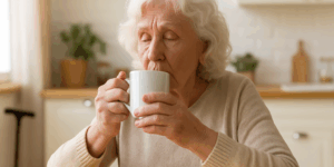 Elderly blind woman enjoying a cup of tea in her kitchen