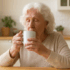 Elderly blind woman enjoying a cup of tea in her kitchen