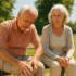 Elderly man and woman sitting on a park bench in the park, man has a pain in his knee and is rubbing it