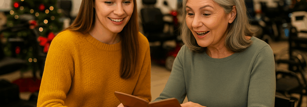 Two adult women in a mobility store looking at potential Christmas Gifts