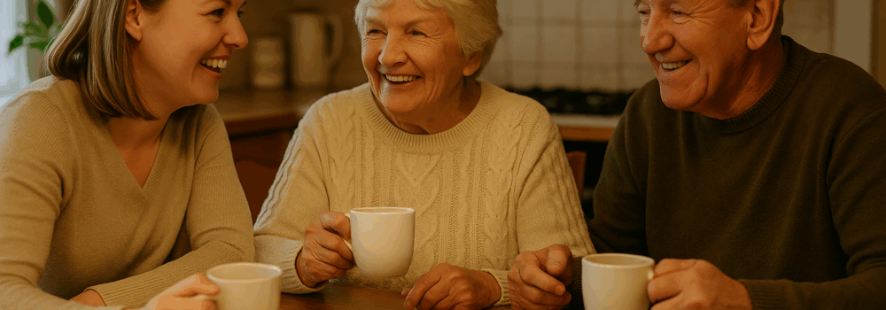 Mother, father and daughter enjoy tea and cake together in the kitchen at the table.