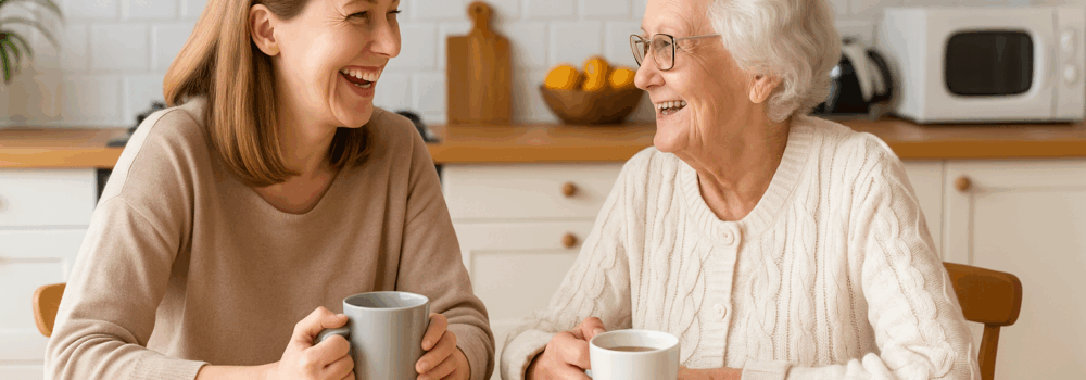 Adult woman drinks coffee with her Mother in the kitchen