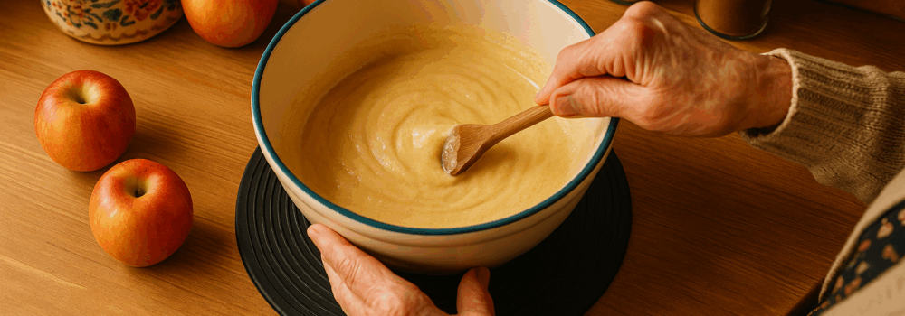 Elderly woman baking in her kitchen with her mixing bowl sitting on the Uccello Grip Mat