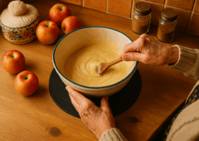 Elderly woman baking in her kitchen with her mixing bowl sitting on the Uccello Grip Mat