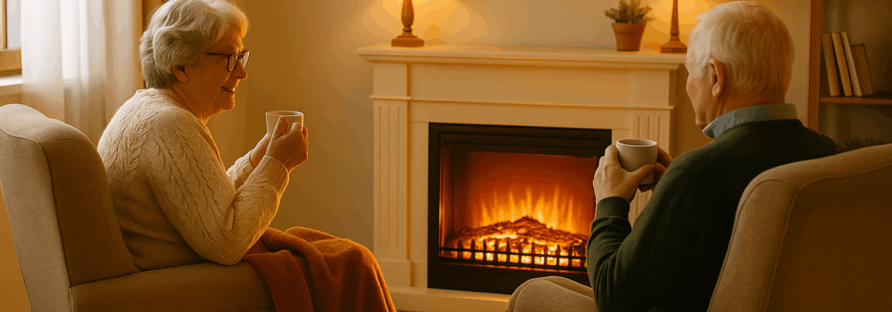An elderly couple sits together in a cozy living room, each holding a cup of tea. They face one another in soft beige armchairs angled toward an electric fireplace glowing warmly. The woman has a shawl draped over her legs, and both appear relaxed and smiling in the softly lit, inviting space.