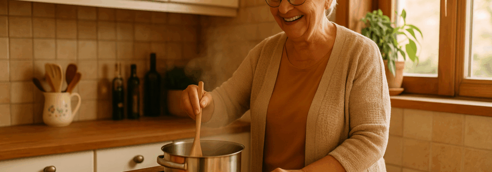 Elderly woman preparing a meal in her kitchen independently