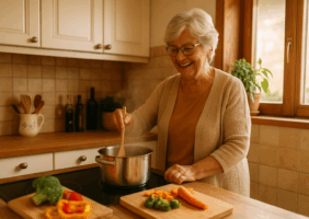 Elderly woman preparing a meal in her kitchen independently