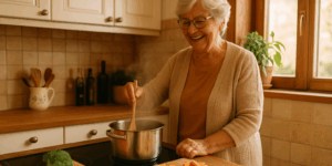 Elderly woman preparing a meal in her kitchen independently