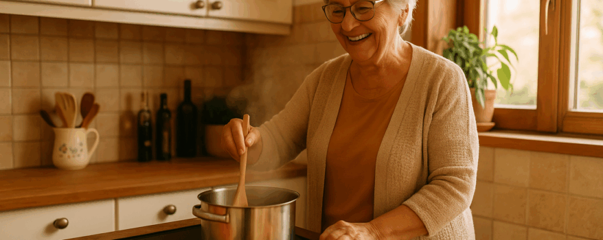 Elderly woman preparing a meal in her kitchen independently