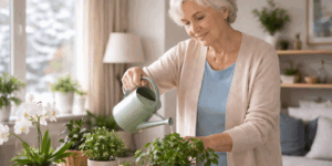 Elderly woman caring for plans in the living room independently