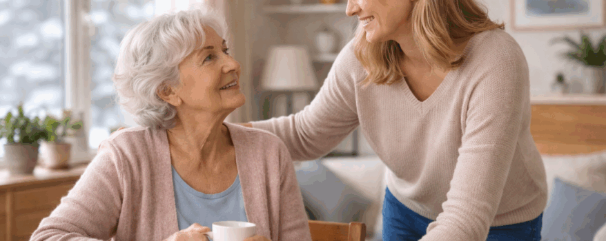 Elderly mother sharing a soft and warm moment with her adult daughter