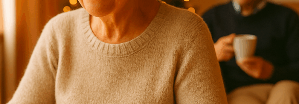 Elderly couple in the living room drinking tea beside the Christmas tree