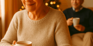 Elderly couple in the living room drinking tea beside the Christmas tree