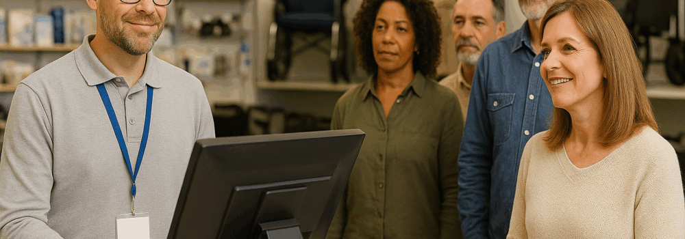 Customers waiting in line at a mobility shop
