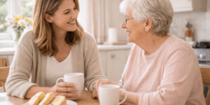 Mother and daughter share a chat over tea and cake in the kitchen