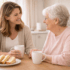 Mother and daughter share a chat over tea and cake in the kitchen
