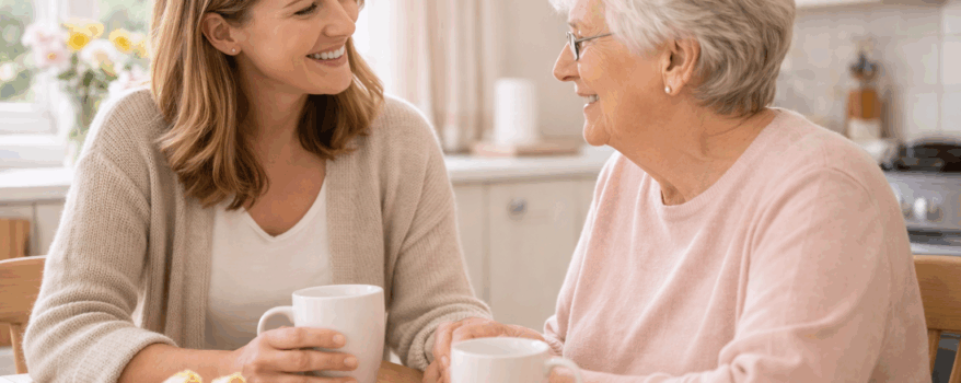 Mother and daughter share a chat over tea and cake in the kitchen